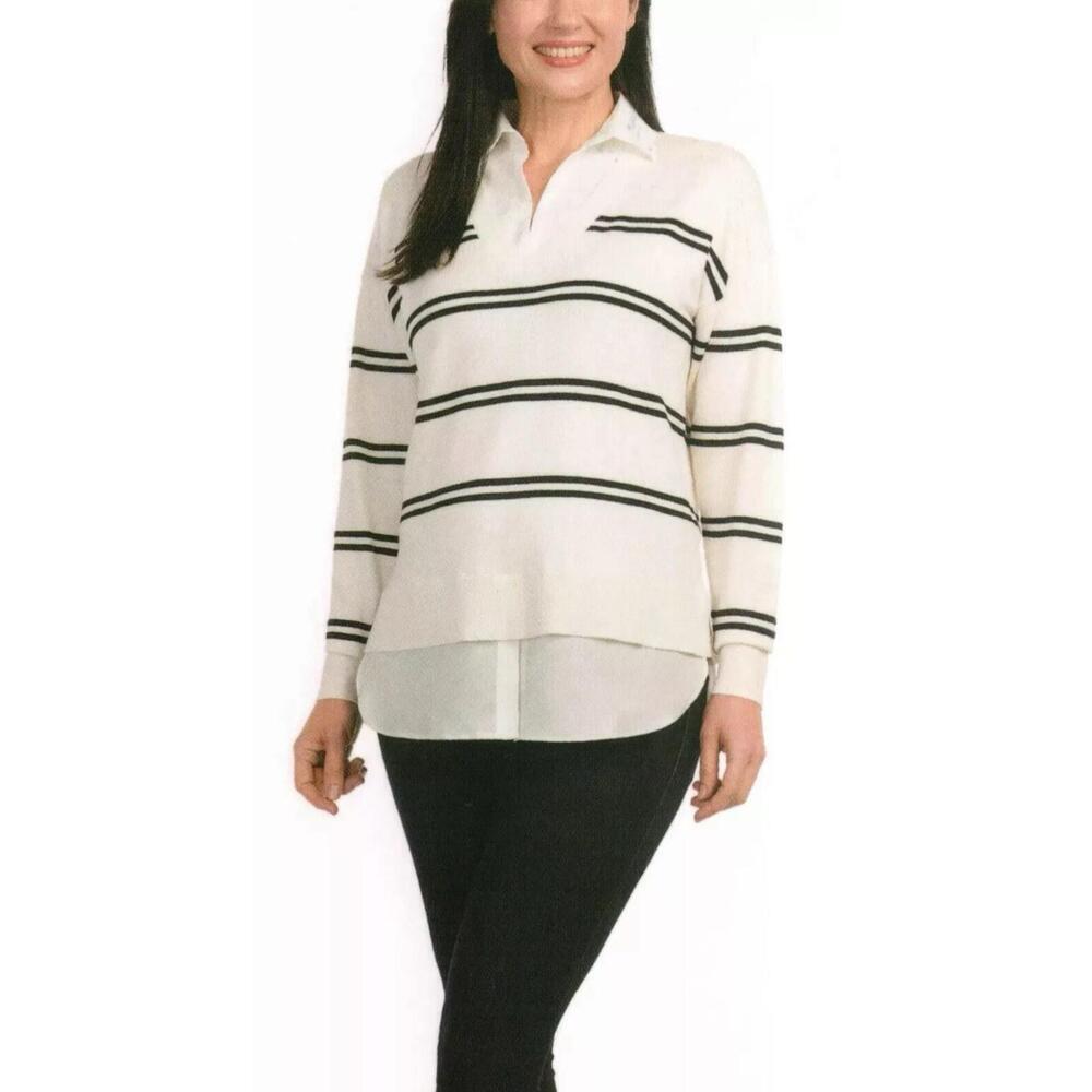 Hilary Radley Women's 2-Fer Sweater, Off-White & Black Stripe, Size M R24
